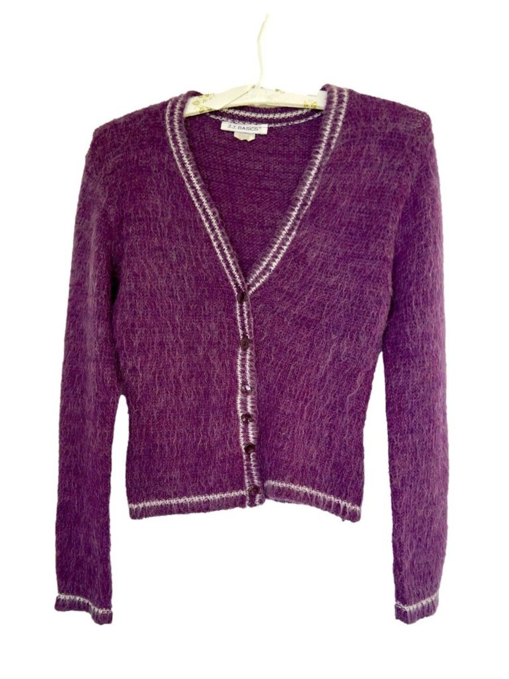 VTG Y2K 90s JJ Basics Purple Fuzzy Mohair Blend Knit Cardigan Sweater Small Size
